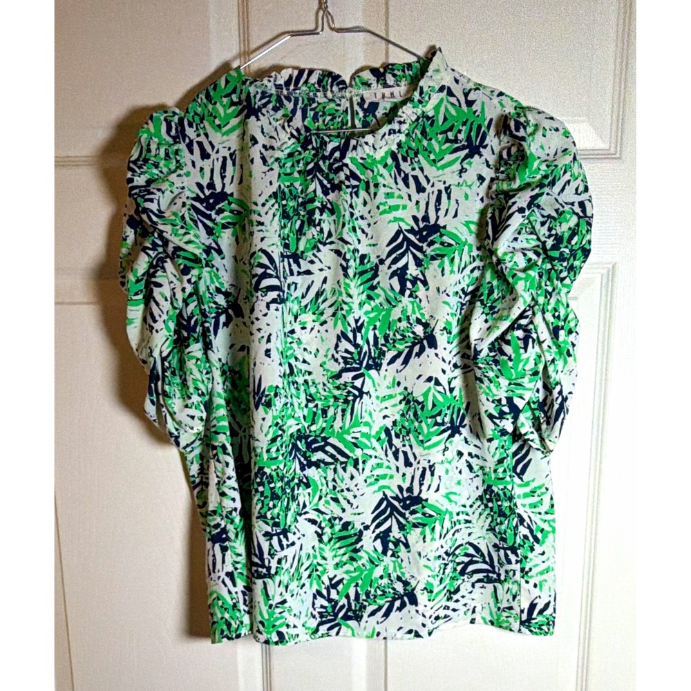 THML Women's XL Green White Blue Tropical Floral Puff Sleeve Polyester Blouse